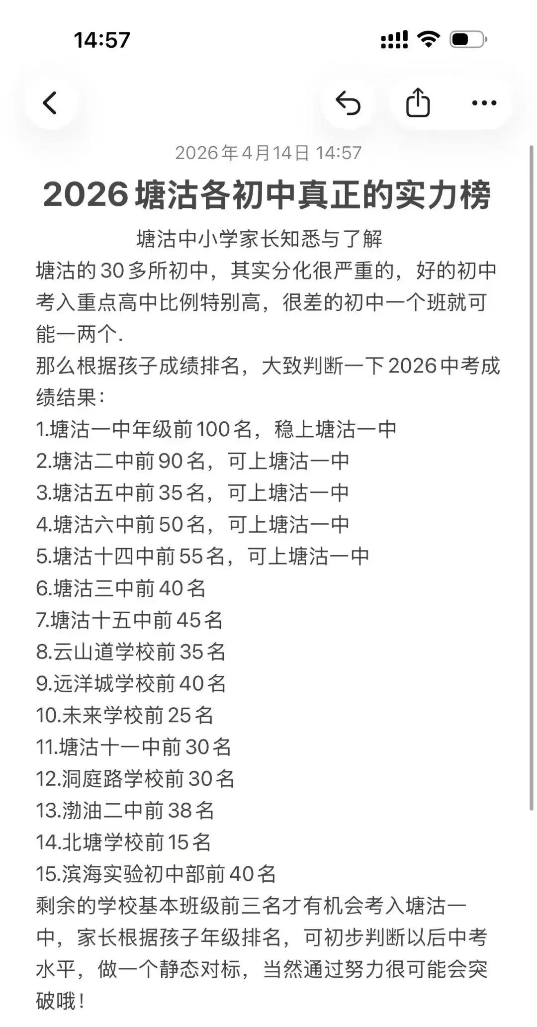 塘沽各初中实力中考参照 第1张