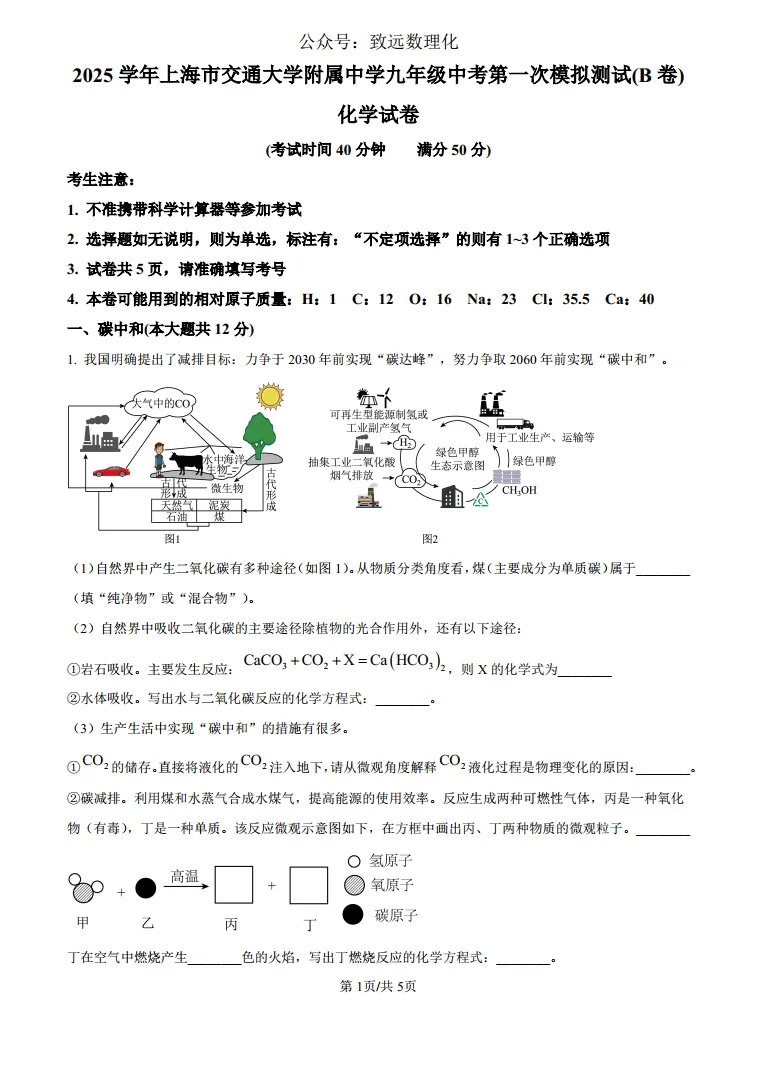 上海市宝山区上海交通大学附属中学中考模拟预测化学试题 第1张