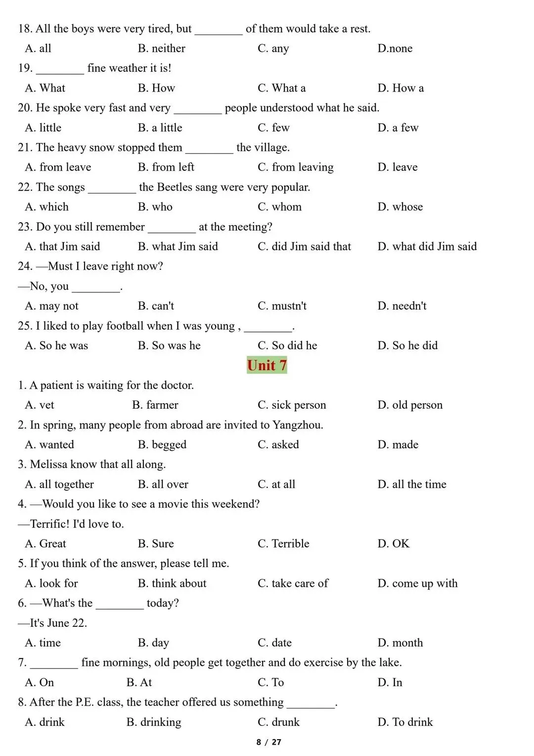 26新中考英语语法历年单选题精选(含答案)【电子打印版】 第8张