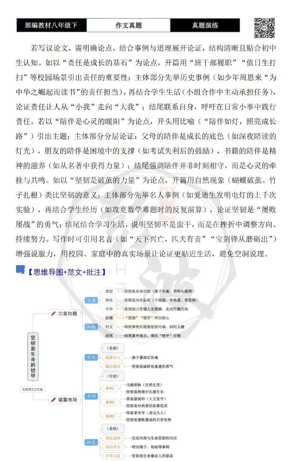 【作文-真题演练】八年级下-48-“责任”“陪伴”“坚韧”-思维导图+解析+范文批注指导 第6张
