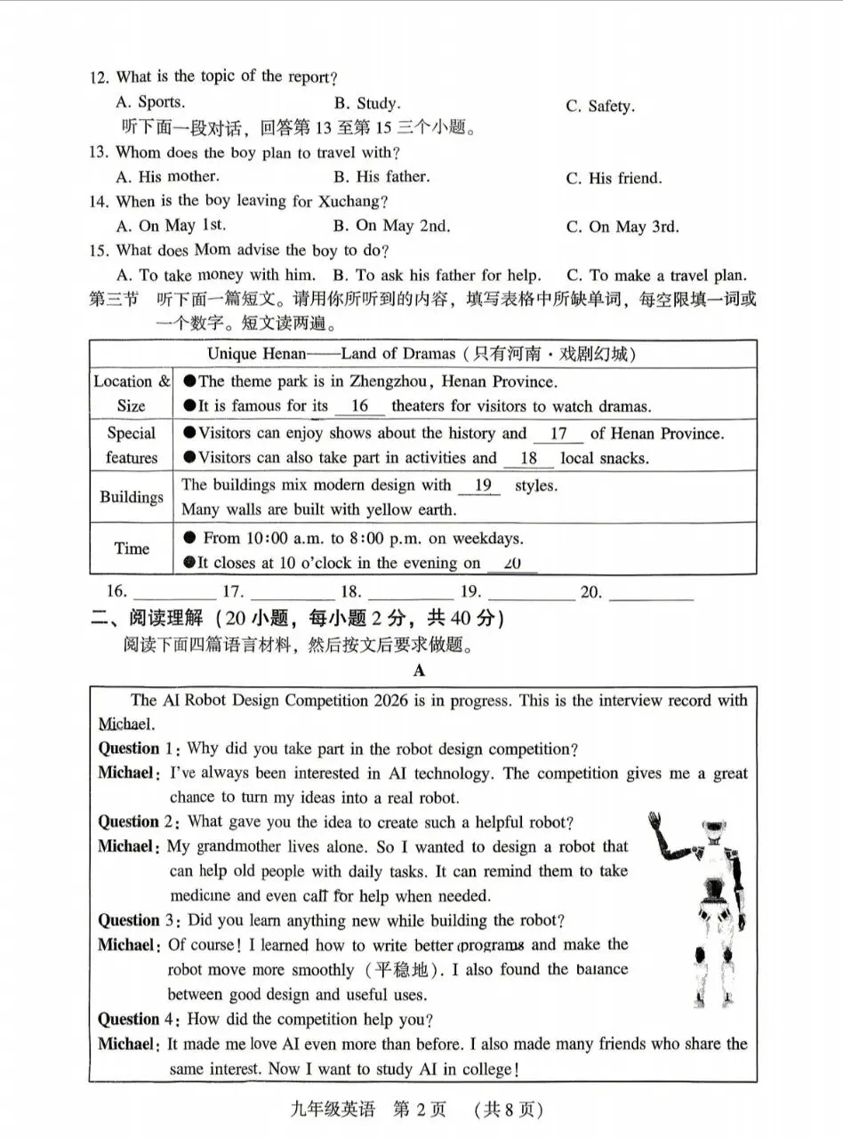 2026许昌中考英语模拟试卷 第2张