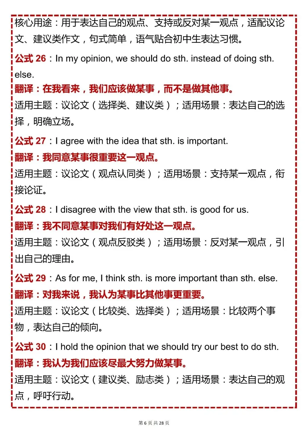 中考英语必背【初中英语写作 148 个万能公式(含类别、场景、翻译)】,可打印 快收藏 第6张