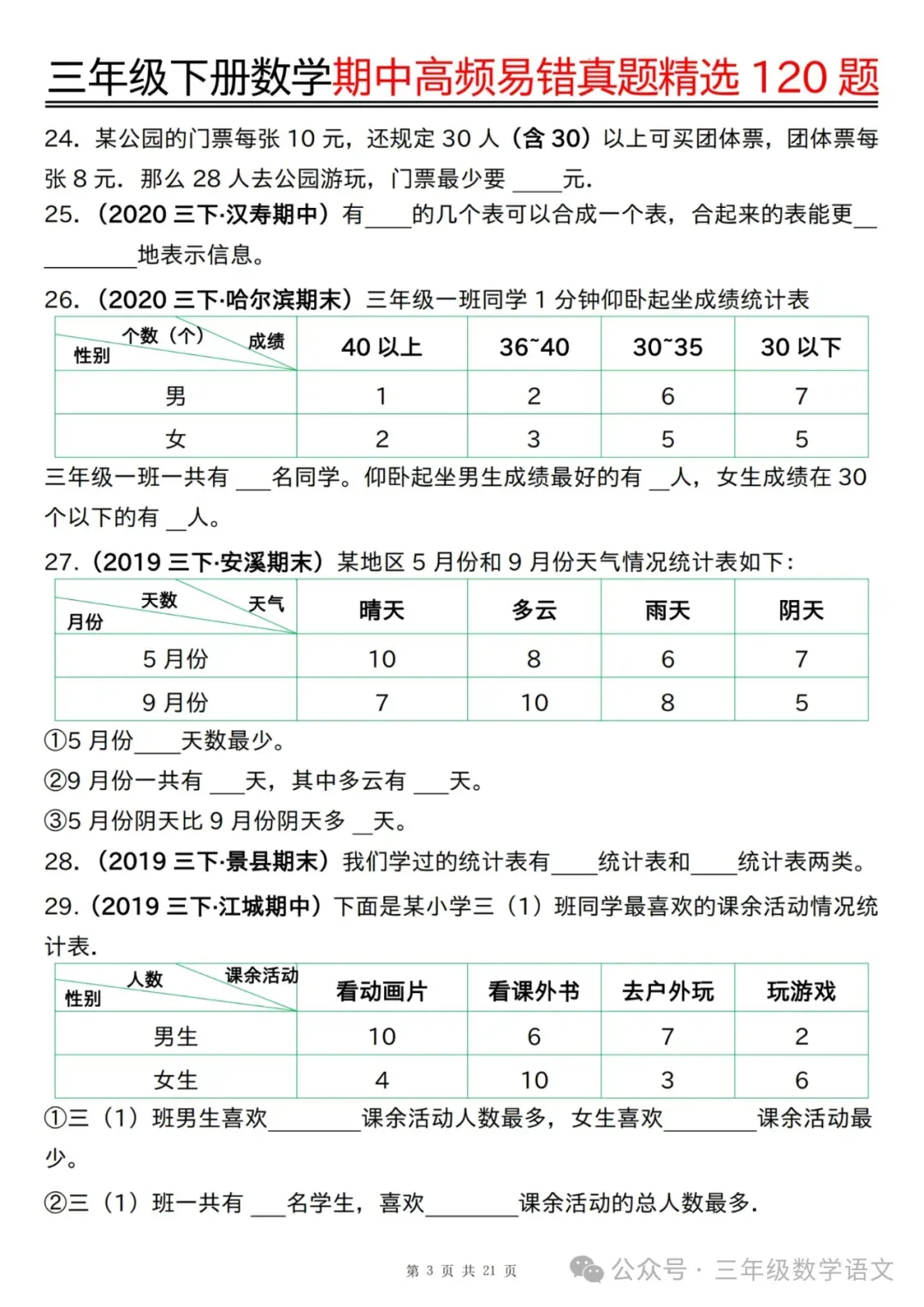 三年级下册数学《期中高频易错真题精选120题》,给孩子考前练一练! 第5张