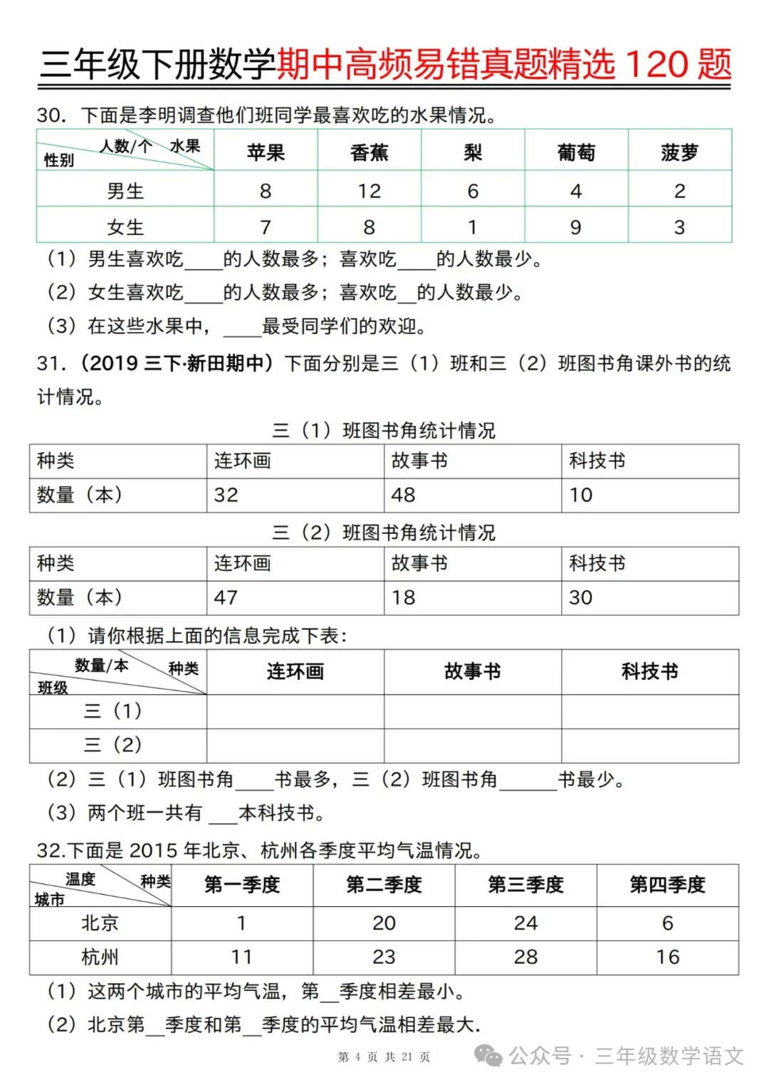 三年级下册数学《期中高频易错真题精选120题》,给孩子考前练一练! 第6张