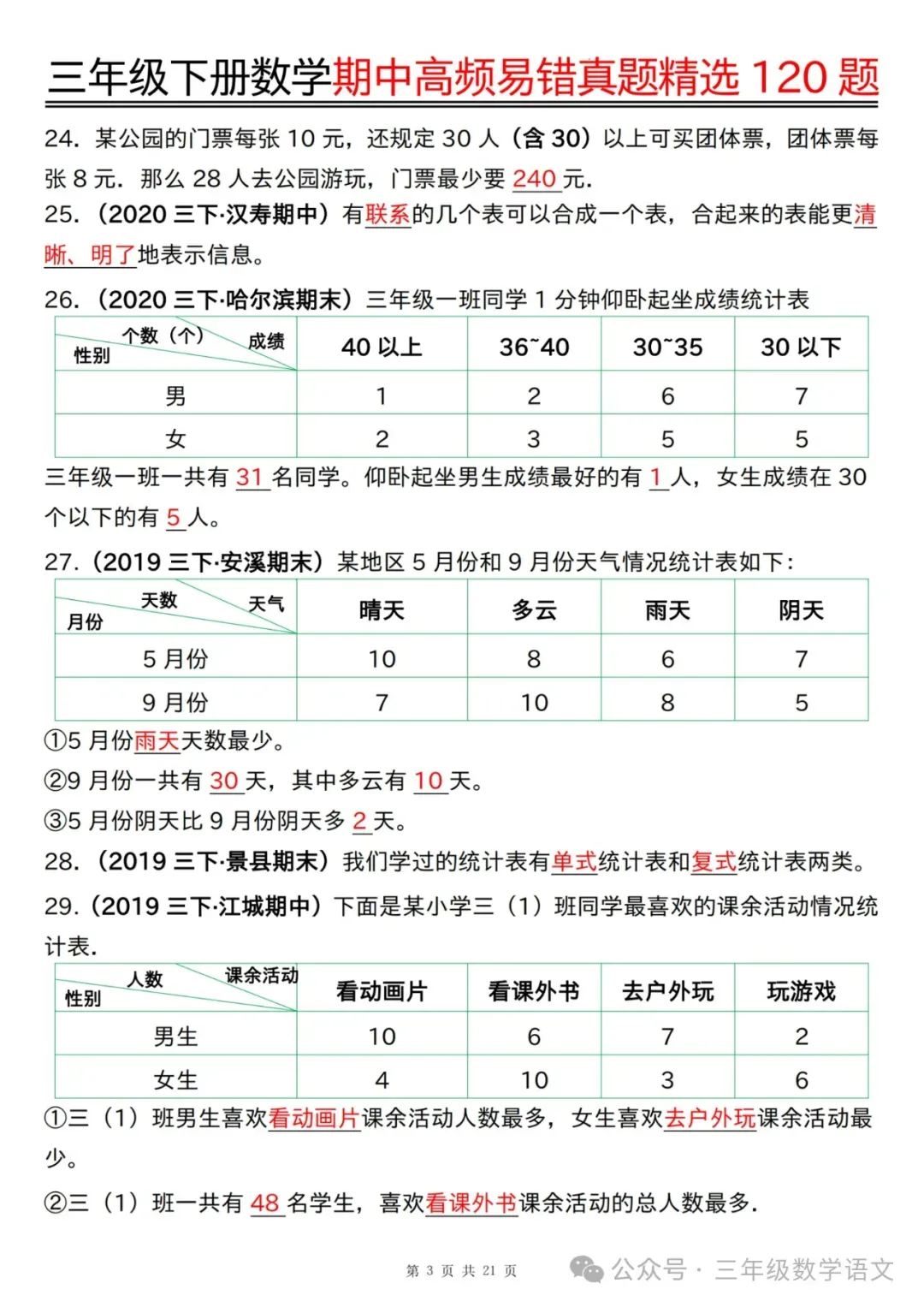 三年级下册数学《期中高频易错真题精选120题》,给孩子考前练一练! 第26张