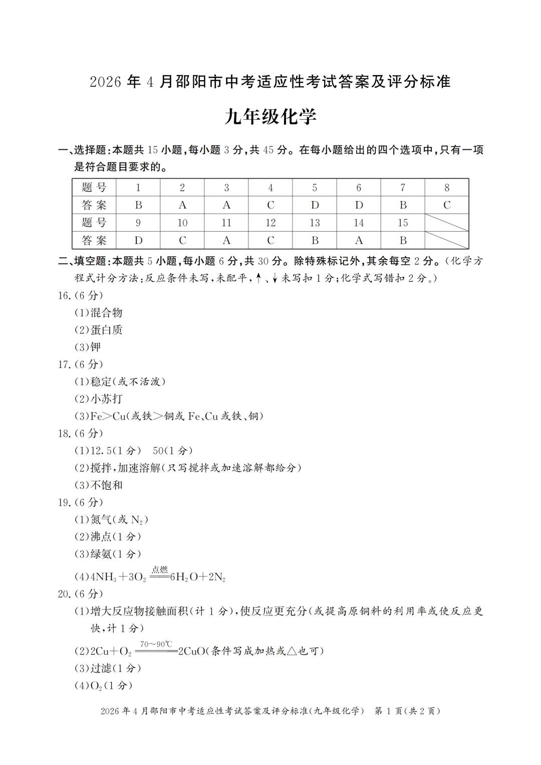 邵阳中考一模答案:化学 第2张