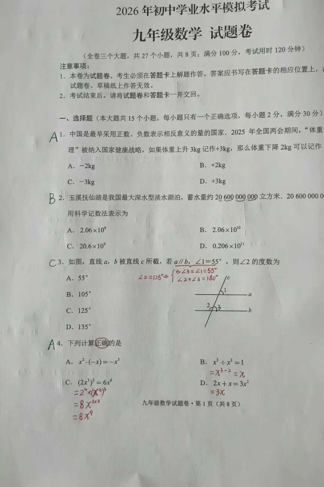 2026.04初中学业水平模拟考试~初三年级市统考(一模)数学试卷 第1张