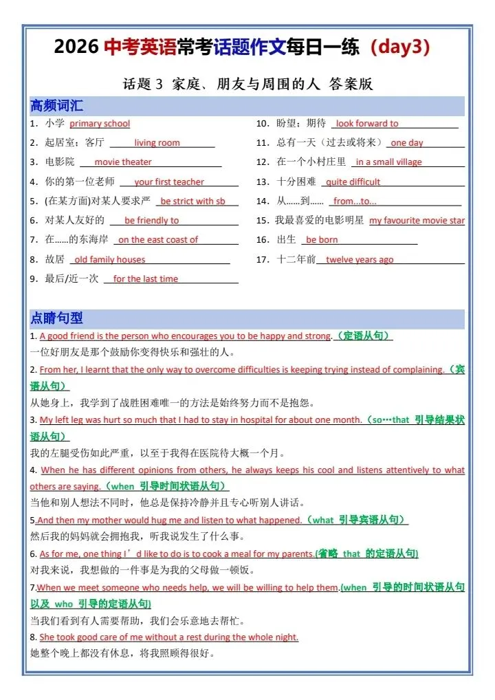 【中考英语】2026年中考英语常考话题作文每日一练18天,默写版+背诵版,完整电子版可打印! 第19张