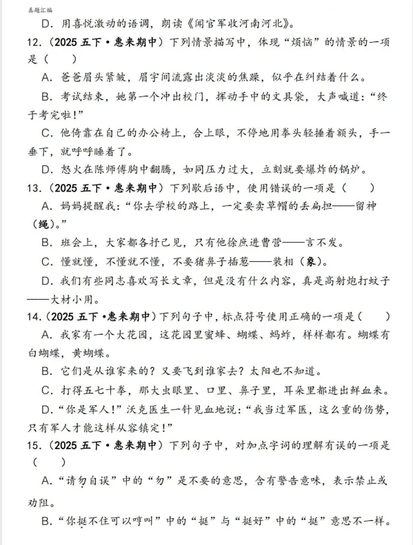 26春语文五年级下册《期中易错真题专练选择题》,电子版可打印 第5张