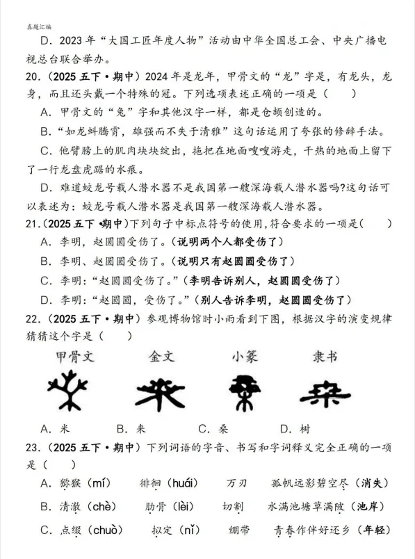 26春语文五年级下册《期中易错真题专练选择题》,电子版可打印 第7张