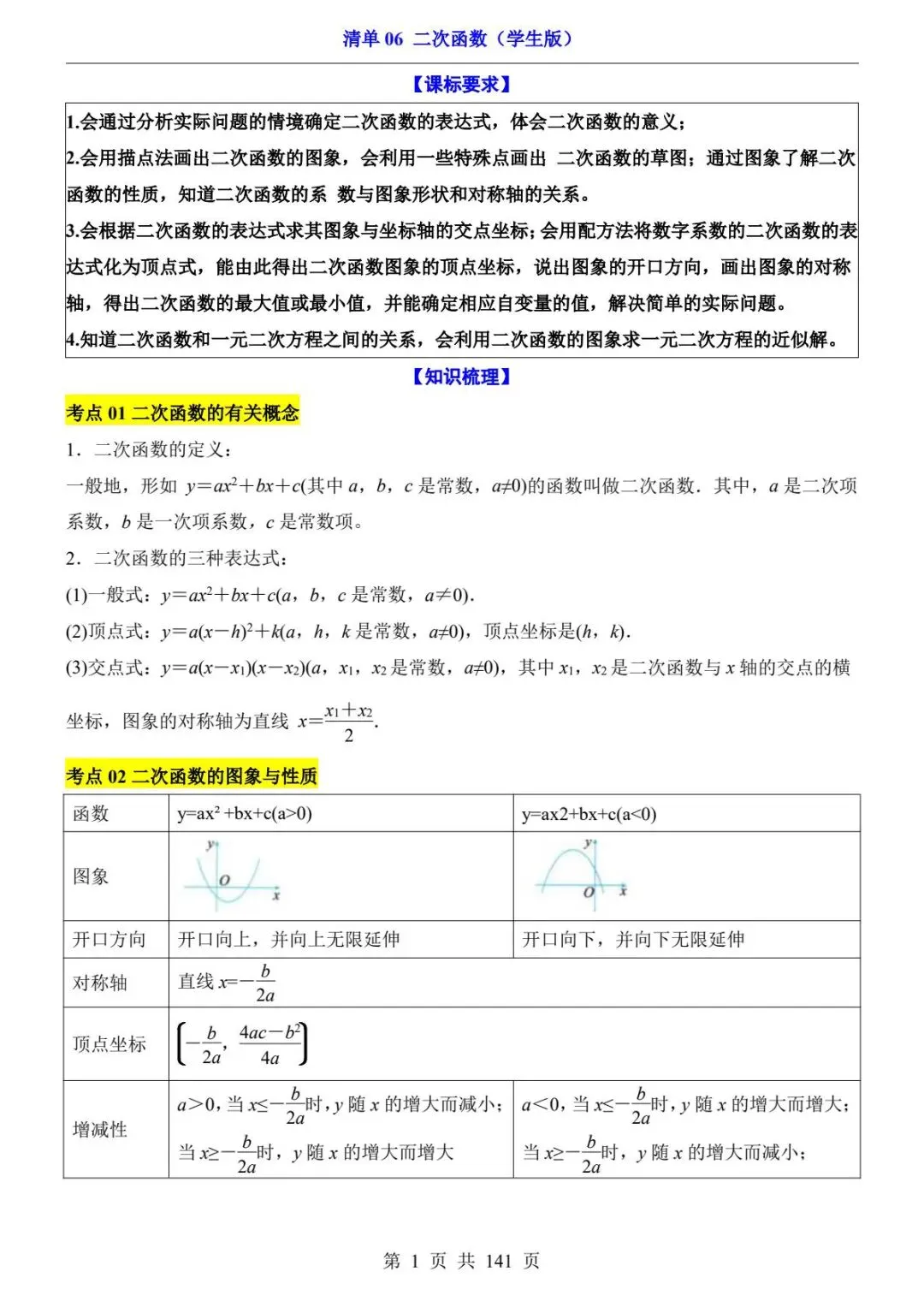 初三数学|26春新版九年级下册数学中考专项数学清单06二次函数含答案141页(高清下载可打印) 第1张