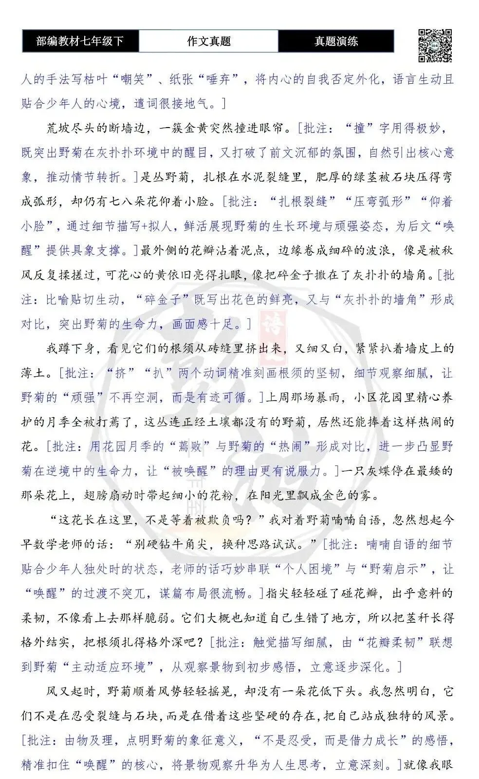 【作文-真题演练】七年级下-57-________唤醒了我-思维导图+解析+范文批注指导 第7张