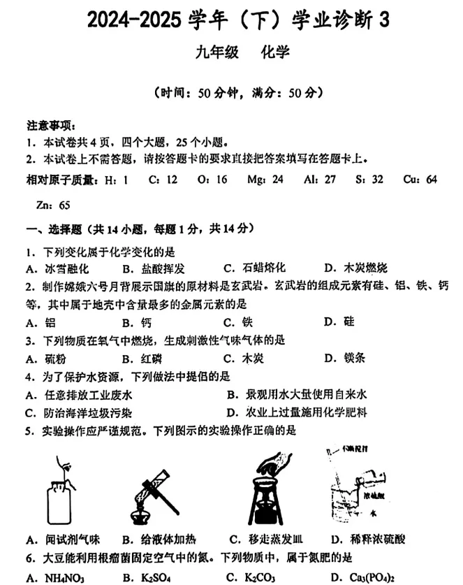 (中考三模)河南省实验中学2025年下学期学业诊断3试题卷及答案(语数英物化道史) 第7张
