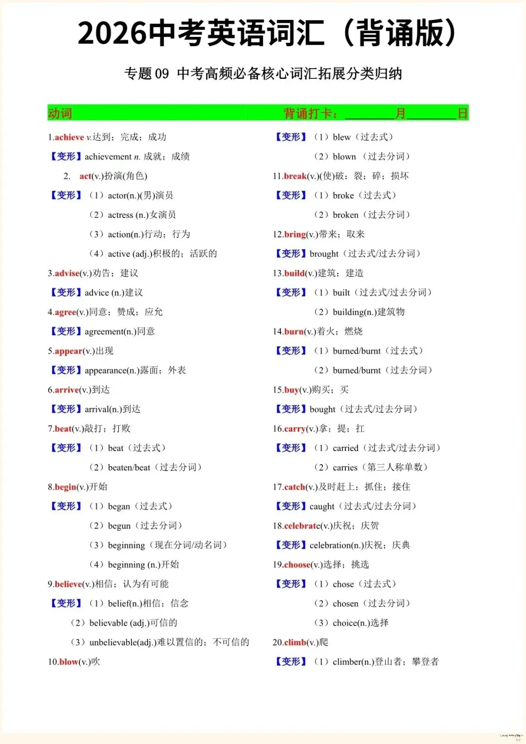 【中考英语词汇】2026年中考英语高频必备核心词汇表(背诵+默写版),完整电子版可打印 第2张