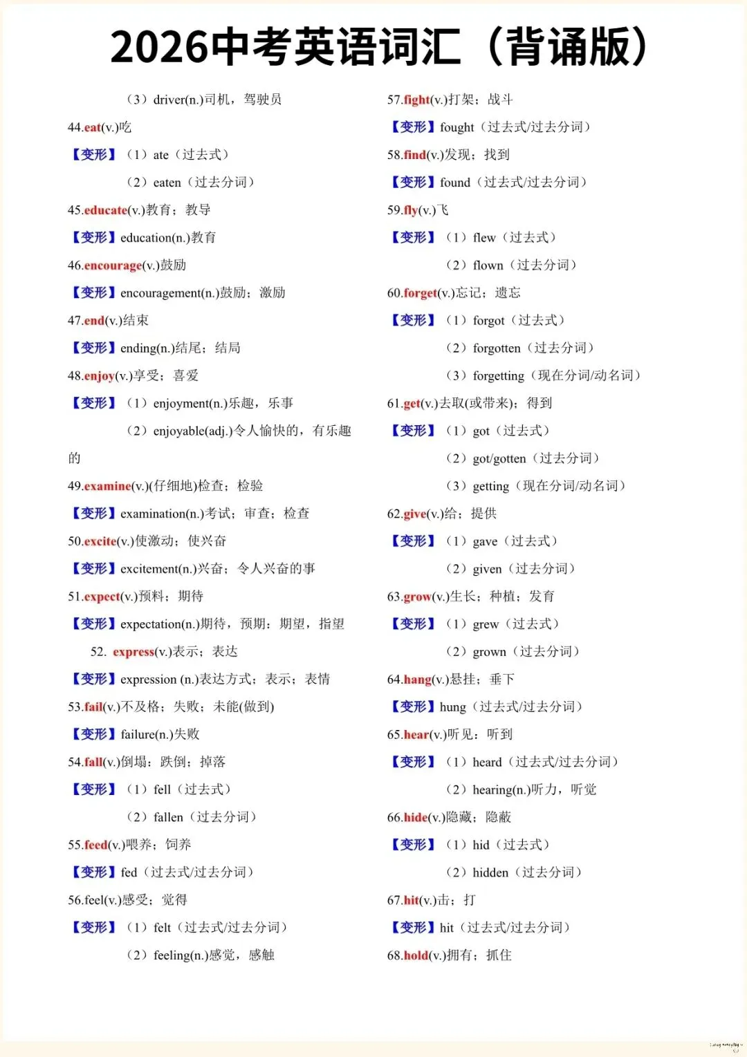 【中考英语词汇】2026年中考英语高频必备核心词汇表(背诵+默写版),完整电子版可打印 第4张