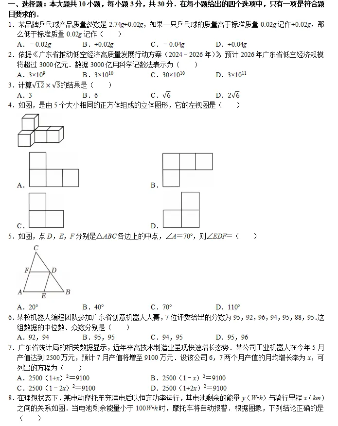 中考数学智库:广东省2025中考数学试卷 第1张