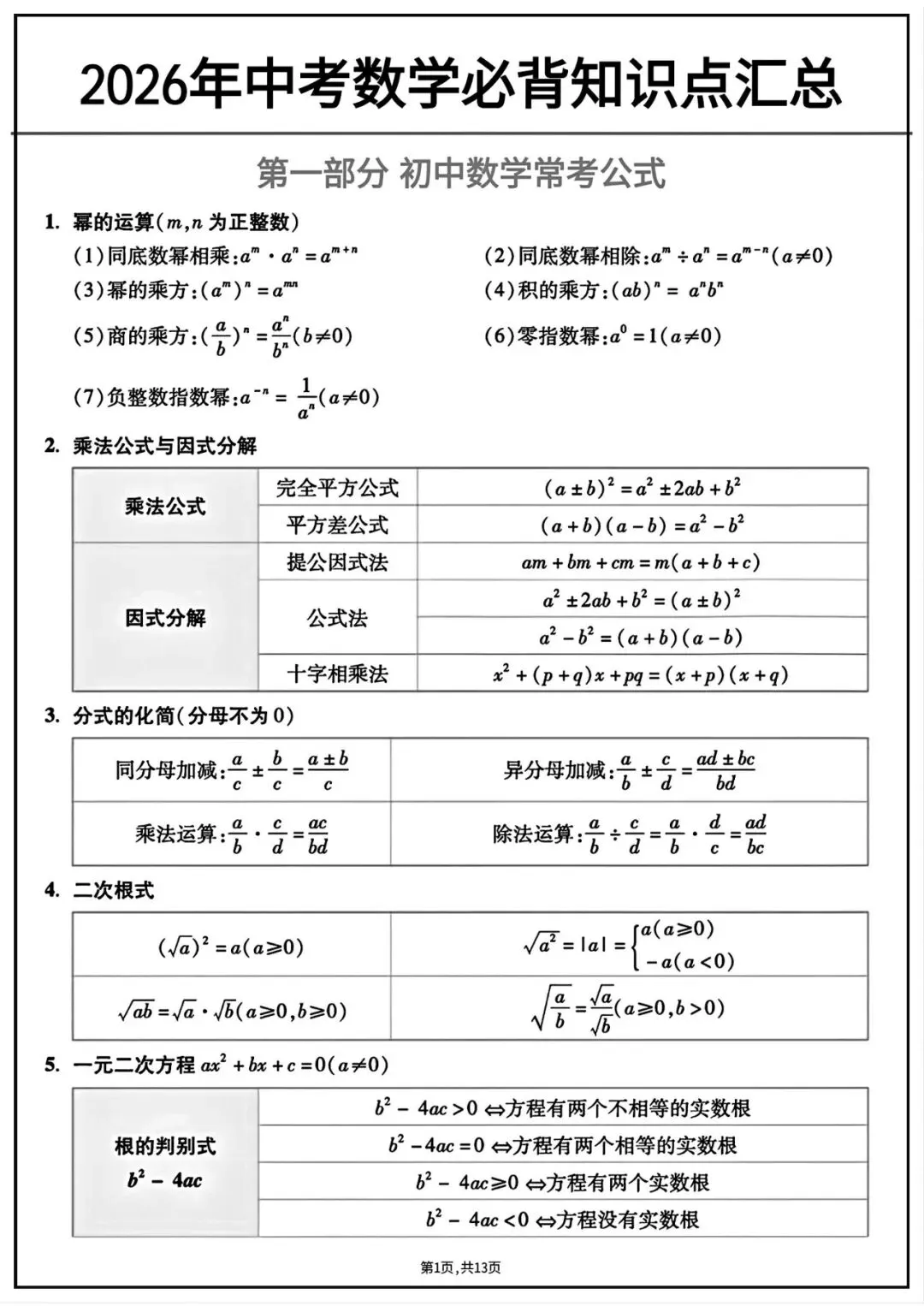 2026年中考数学必背知识点汇总 第1张