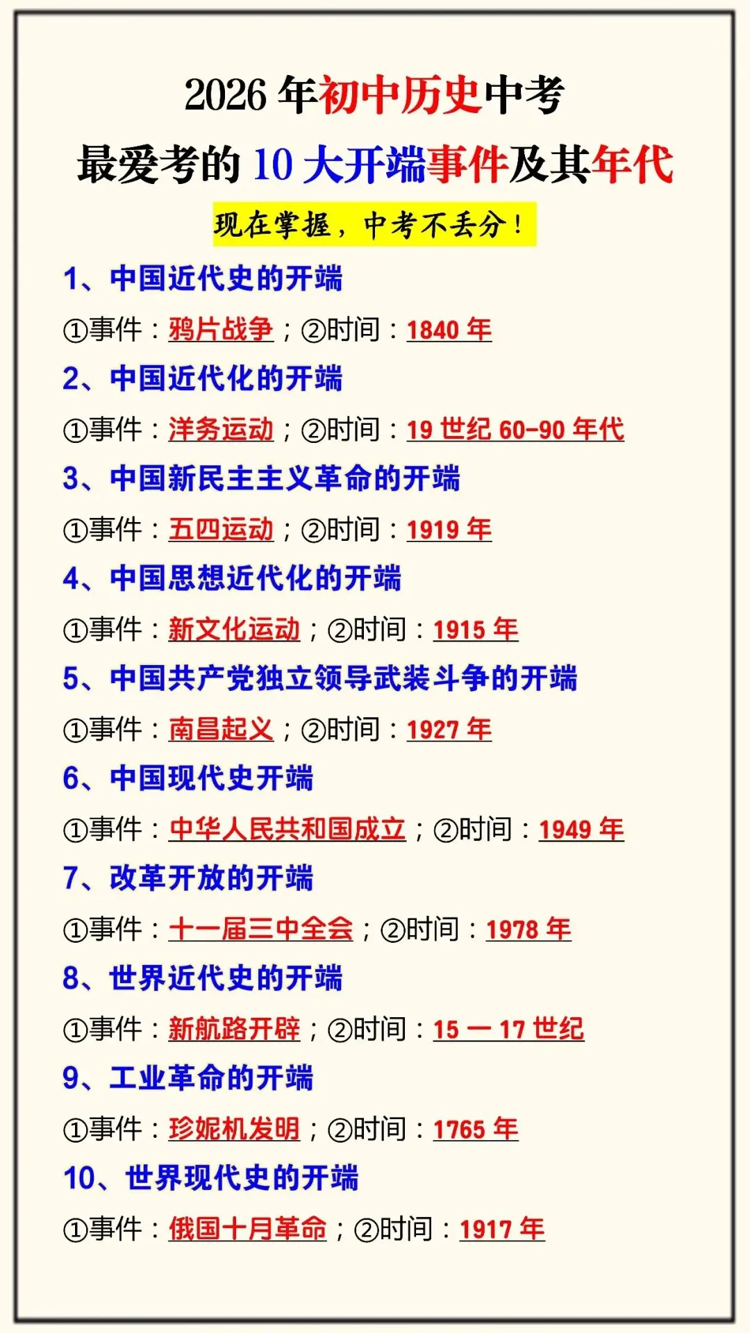 2026年初中历史中考最爱考的10大开端事件及其年代(可打印)现在掌握,不丢分! 第4张