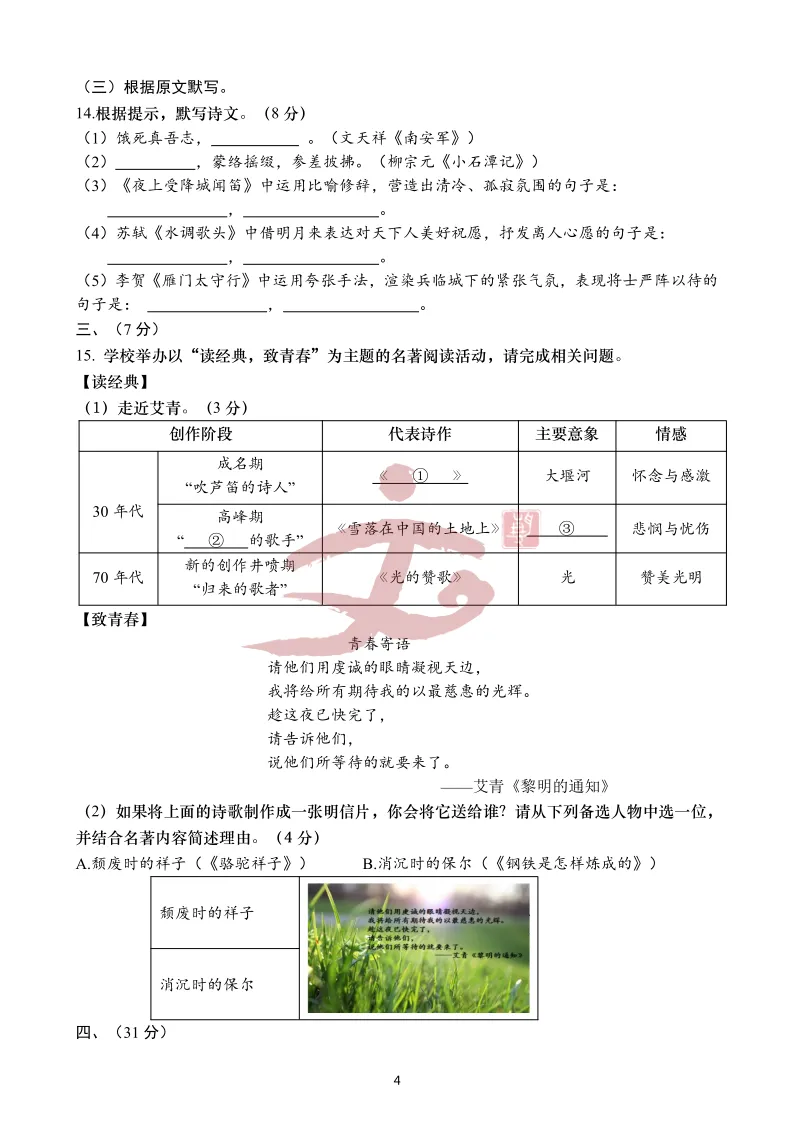 【初三 三模】2025九年级语文三模真题及解析汇总! 第4张