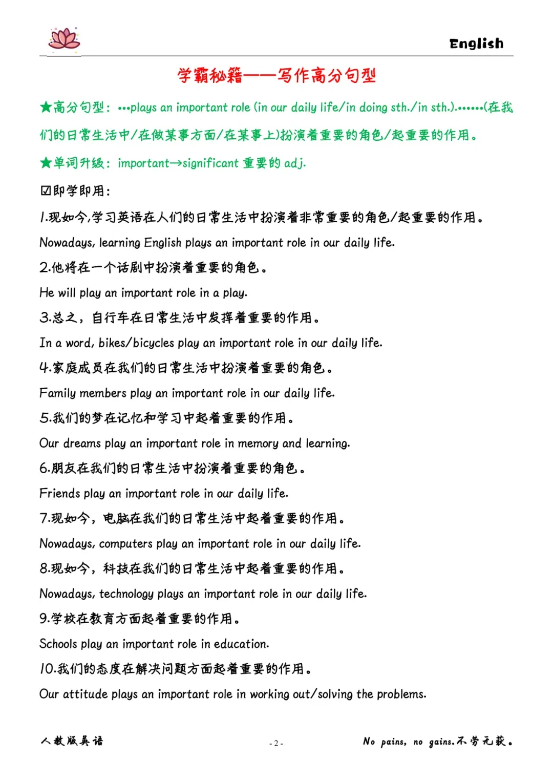 中考英语写作高分句型梳理 (背诵+检测) 第3张