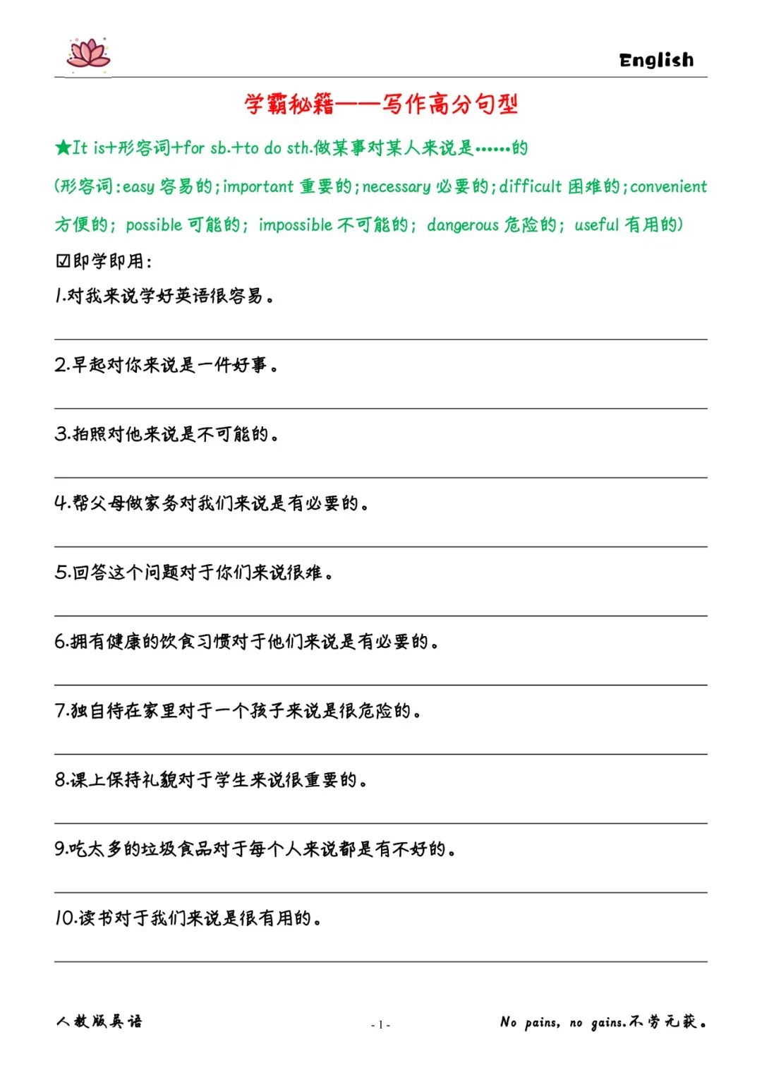 中考英语写作高分句型梳理 (背诵+检测) 第8张