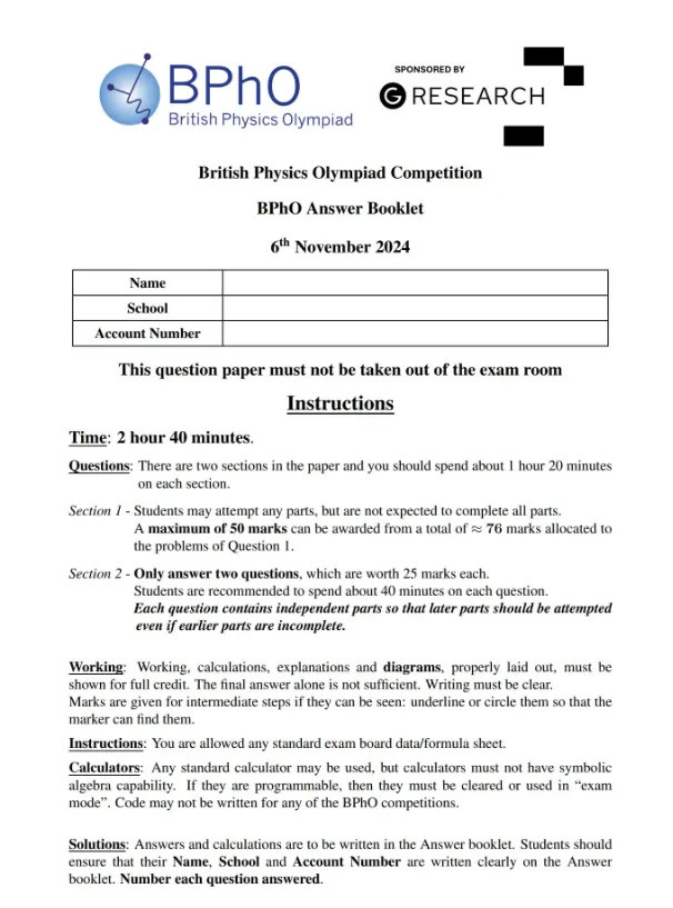 BPhO物理生:历年考试真题免费领(2016-2024年) 第1张