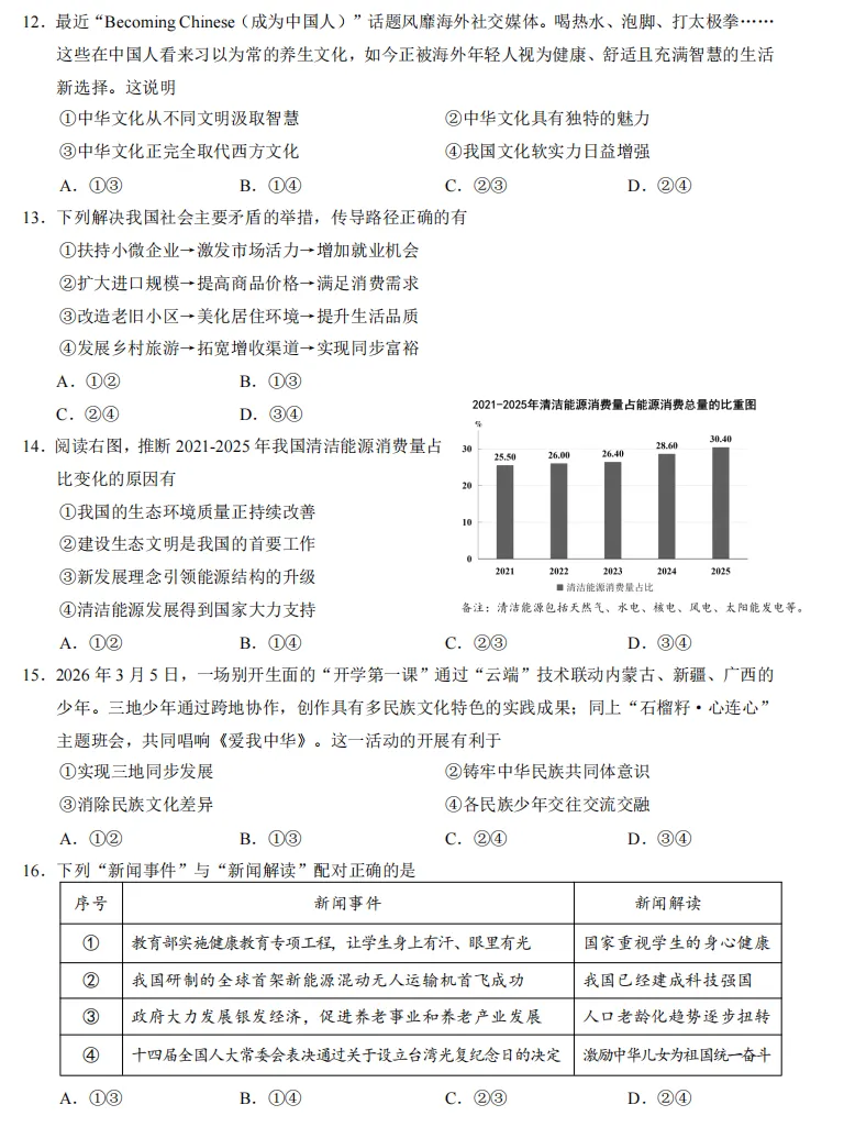 2026年4月广西地区初中毕业考试道德与法治模拟试卷附答案 第3张