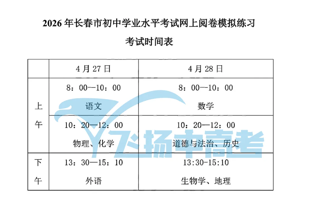 【教育资讯】2026年长春市初中学业水平考试模拟练习时间 第1张