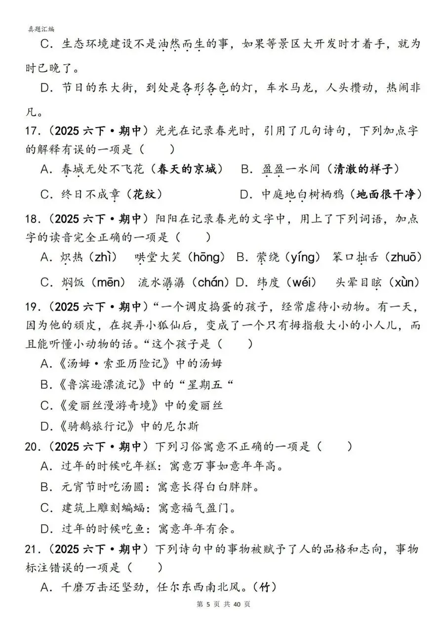 2026年春六年级下册语文期中真题易错题专项练习选择题150题含答案,完整电子版可打印 第10张