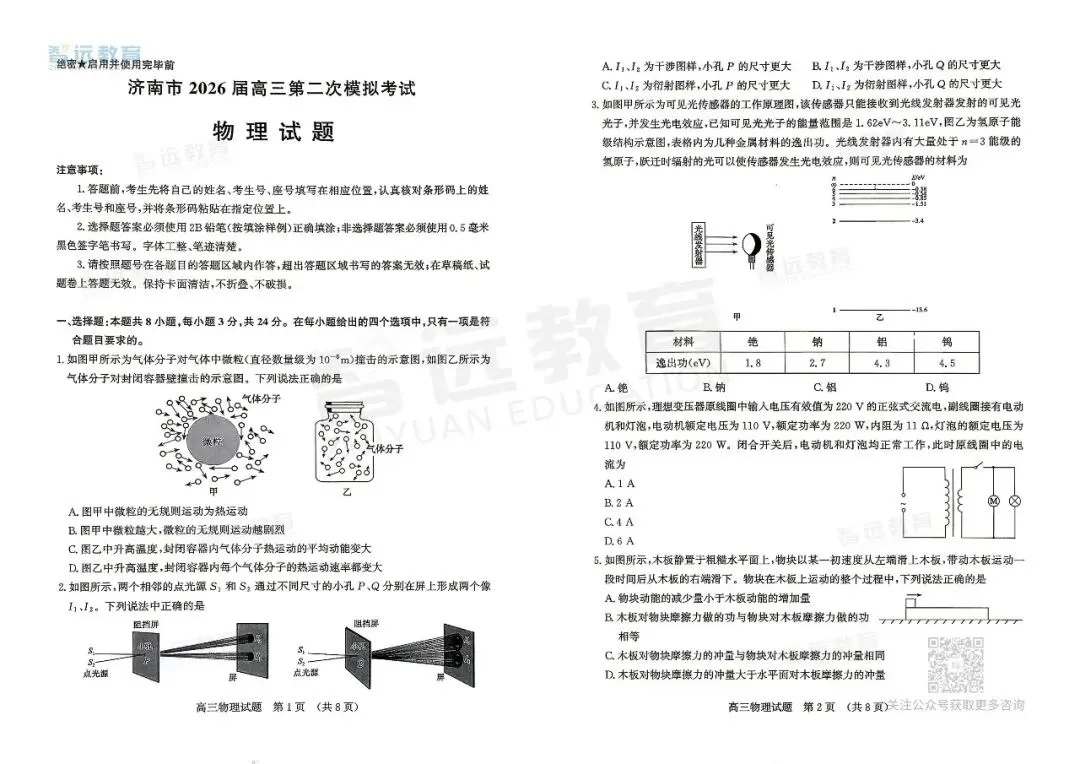 【济南二模】济南市2026届高三第二次模拟考试-物理 第2张
