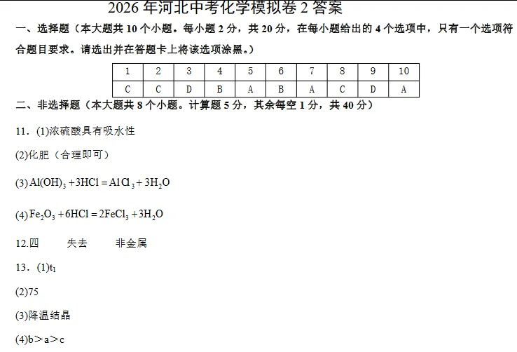 中考化学 | 2026河北省中考模拟卷二含答案 第11张