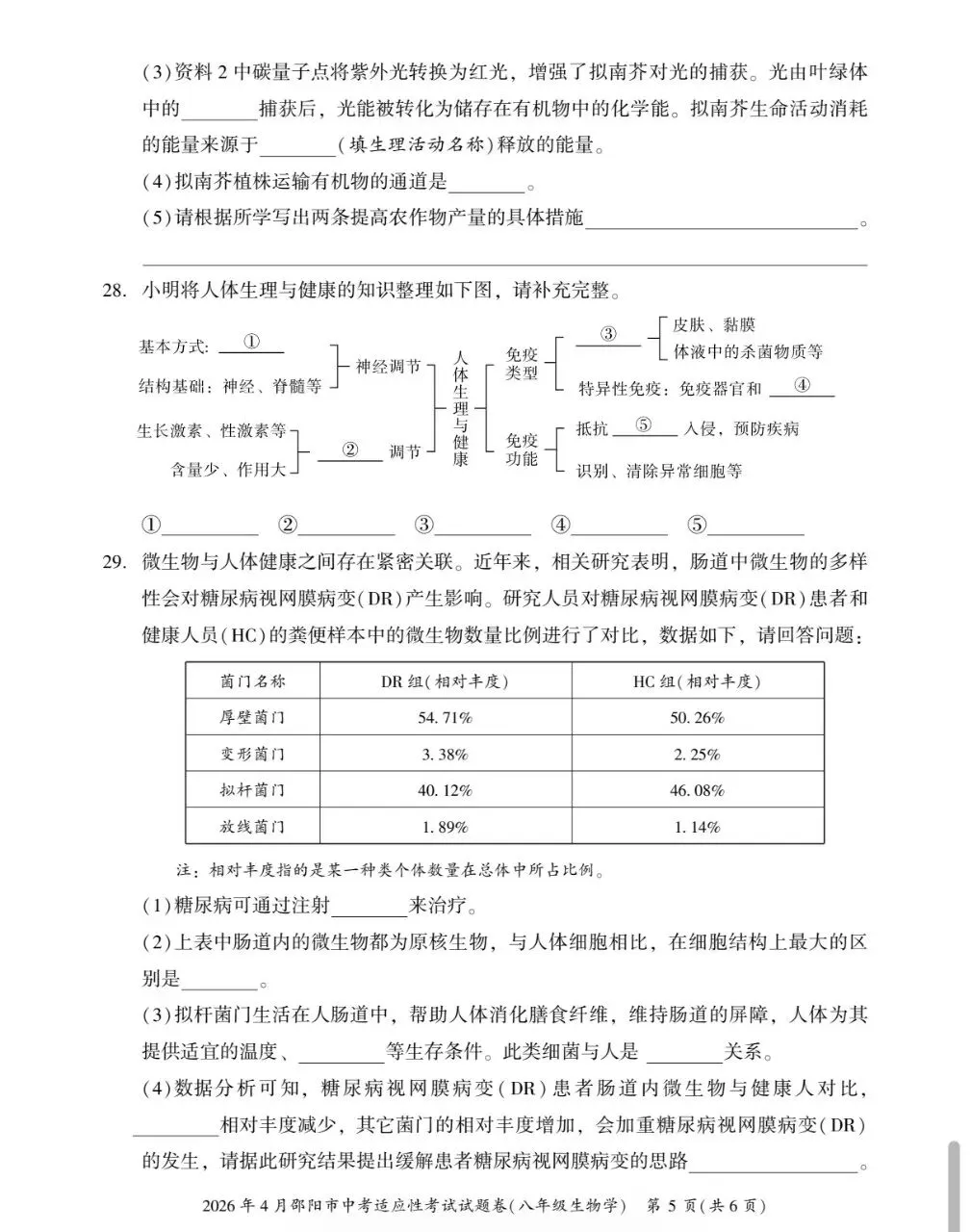 复习练手 ︳2026年湖南省初中学业水平考试模拟试卷生物学 (五)+答案 第5张