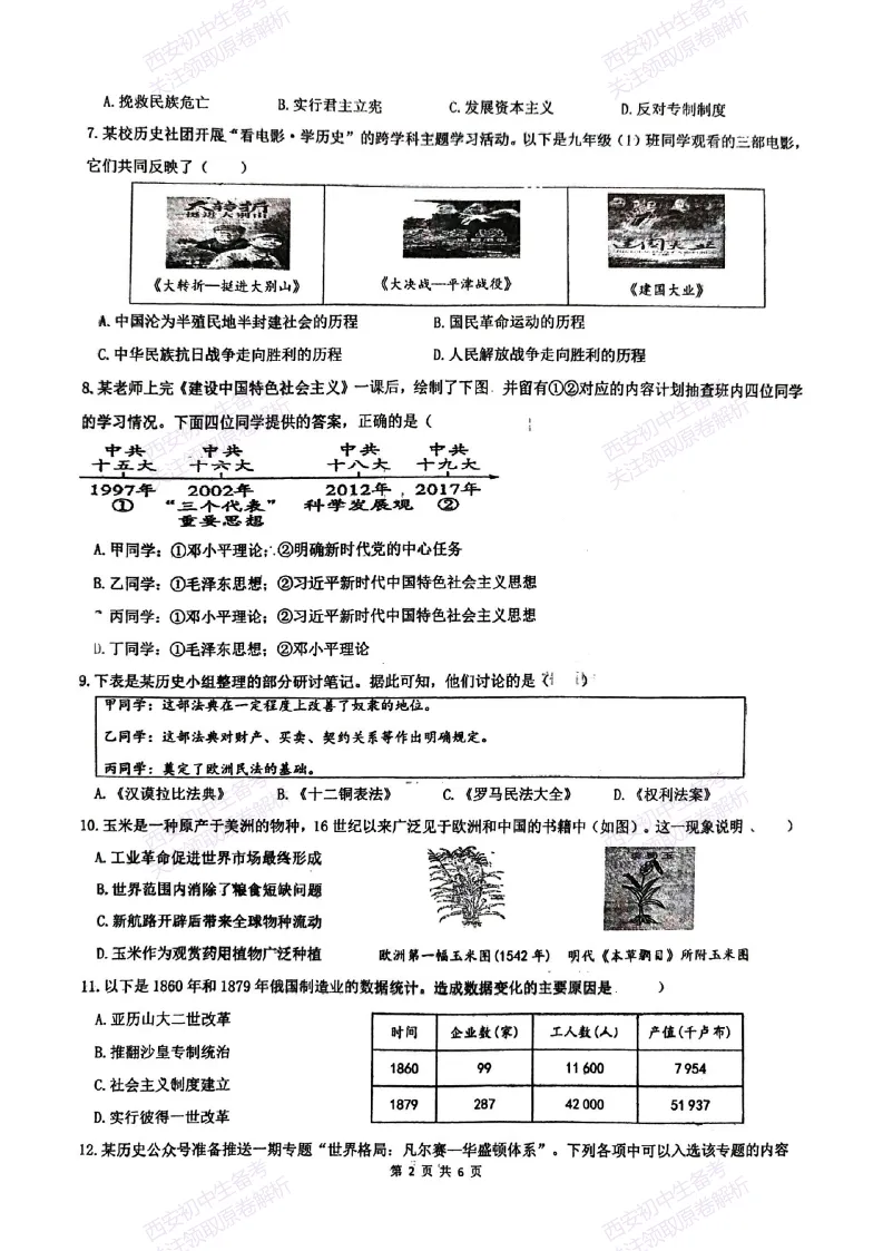 全科含答案!西安2026中考模拟:【西安铁一中陆港初中】九年级四模考试【历史】免费下载! 第8张