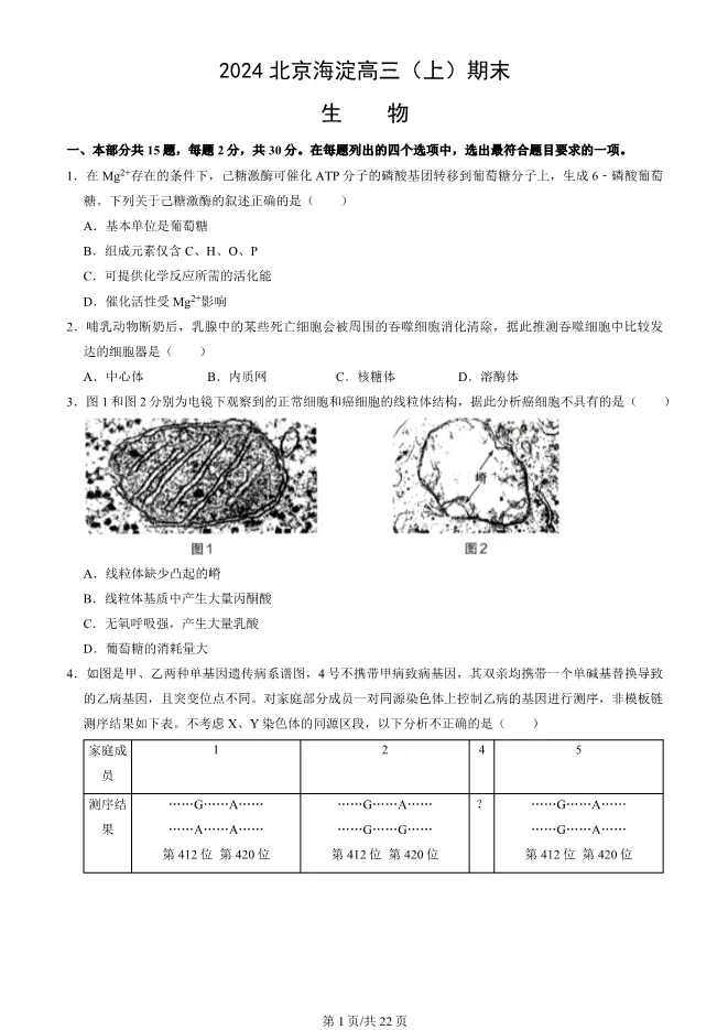 2024北京海淀高三上册期末生物试卷(有答案)【可下载】 第1张