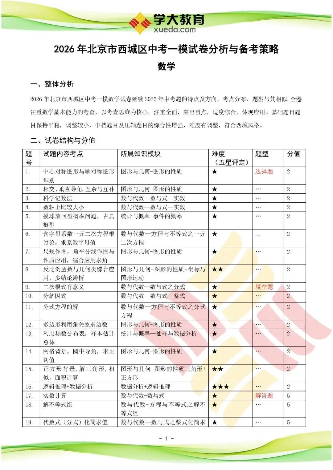 2026西城初三数学一模数学试卷、答案、试卷分析及备考策略发布 第3张