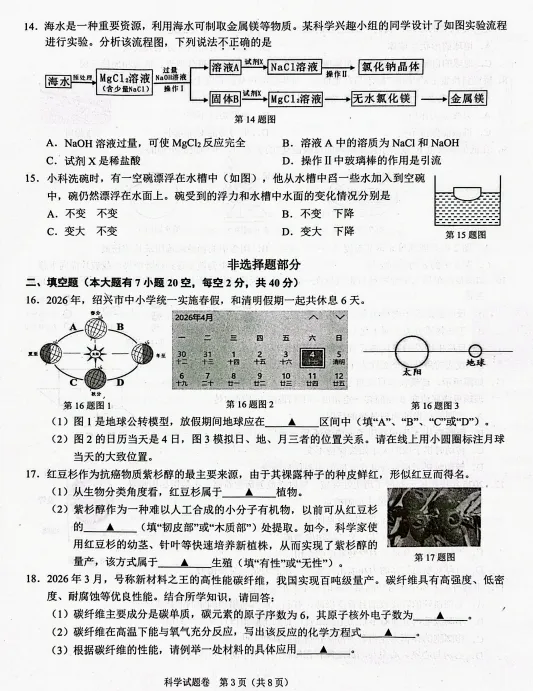 2026.4绍兴市中考一模科学试卷 第4张