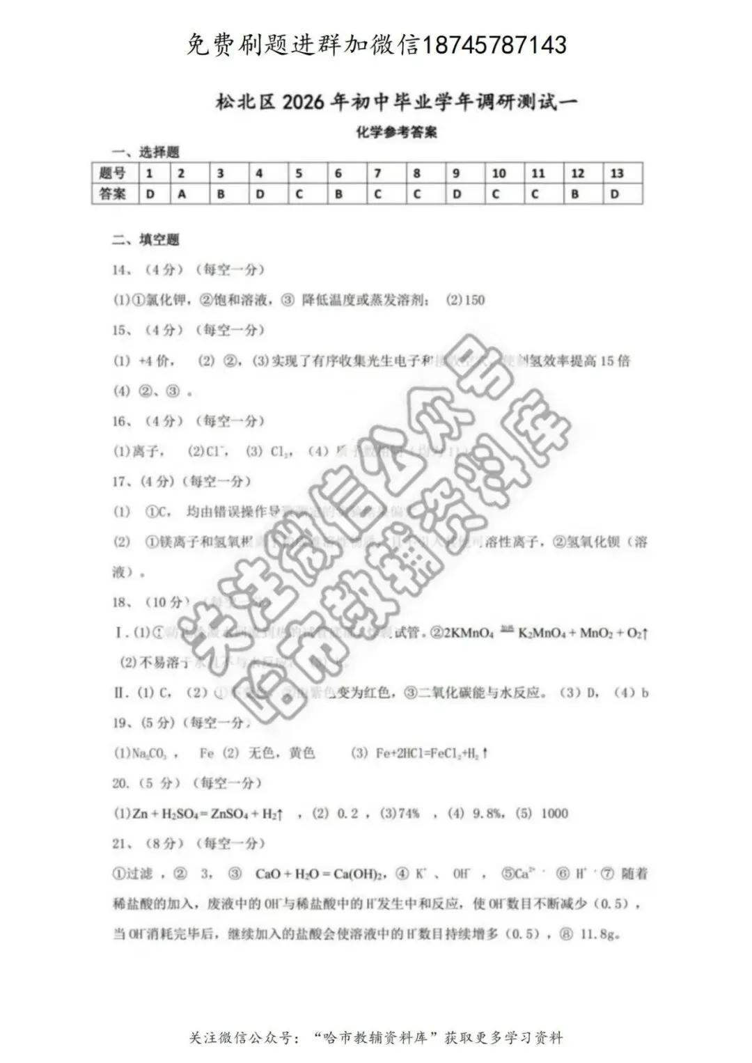 2026松北区九年级化学中考二模试卷及答案 第10张