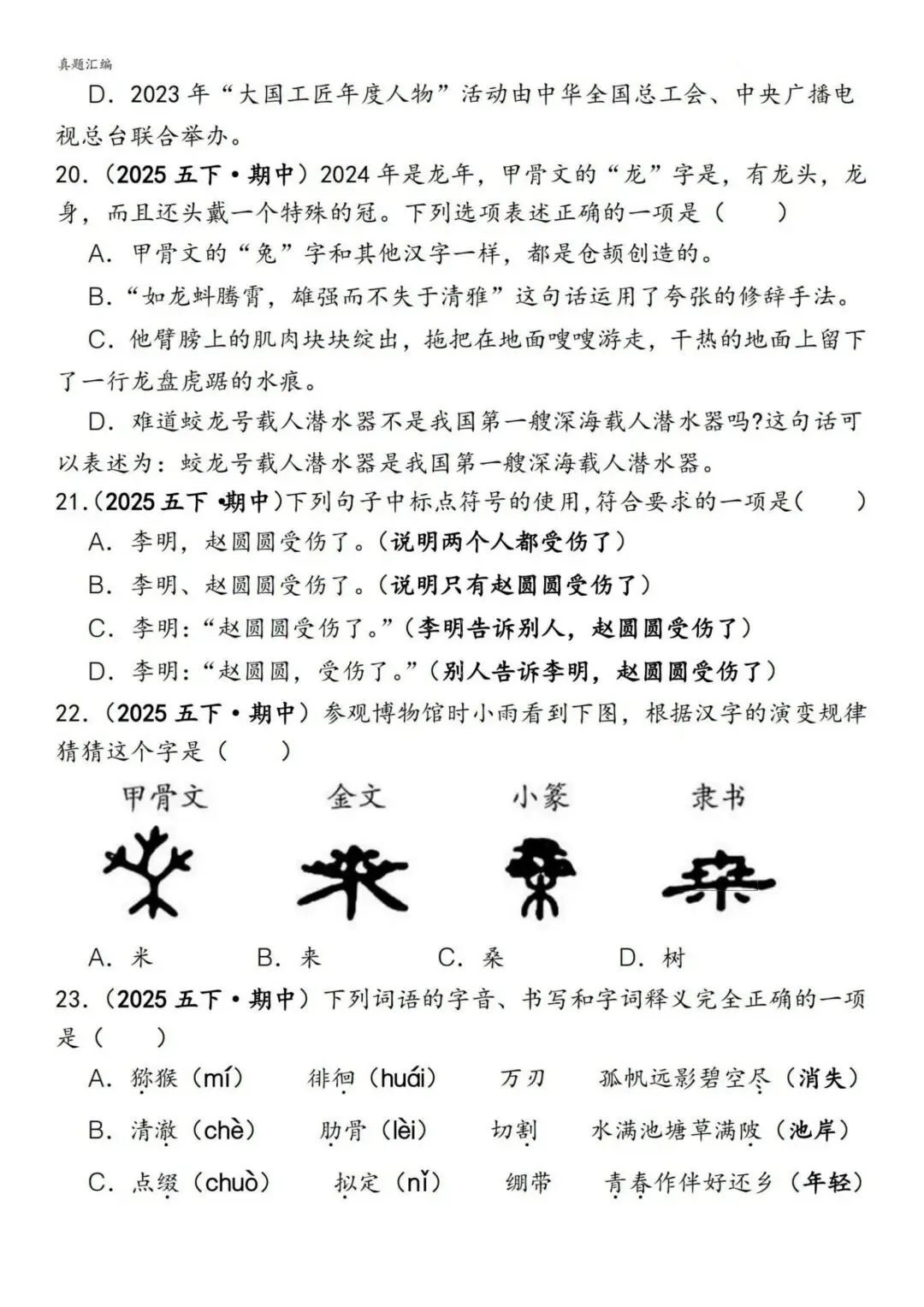 五年级下册语文《期中易错真题专练—选择题150道》含答案 可下载打印 第6张