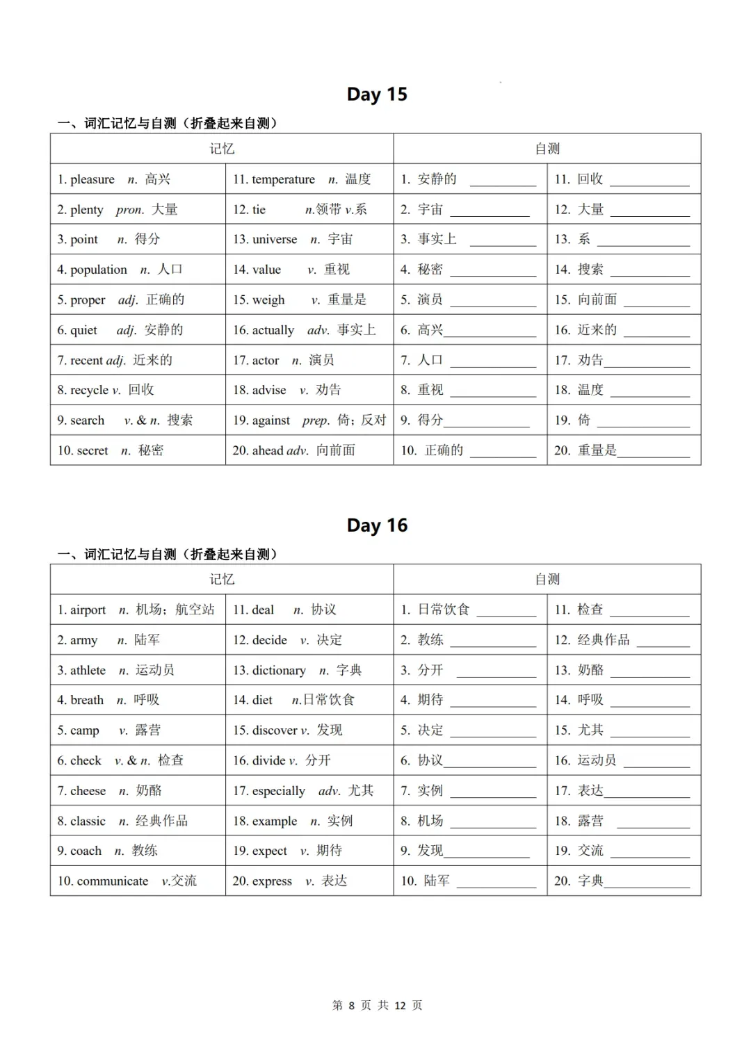 中考英语高频词汇24天背诵+默写表,让孩子背起来!可免费下载 第9张