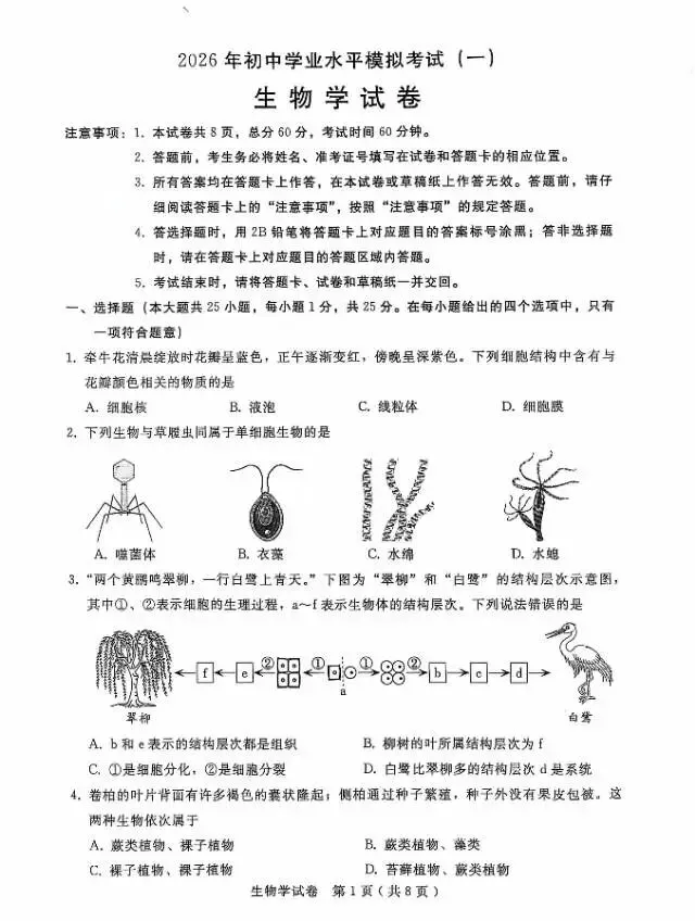 2026年4月邢台市生地一模真题试卷及答案 第1张