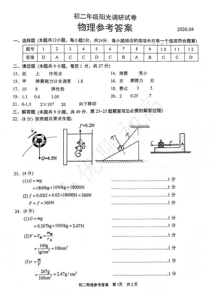 难度适中!吴江初二期中(物理)真题+答案出炉!快来对答案~ 第4张