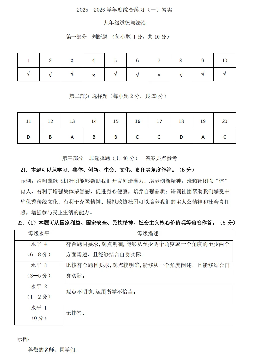 2026年4月北京地区初中毕业考试道德与法治模拟试卷附答案 第9张