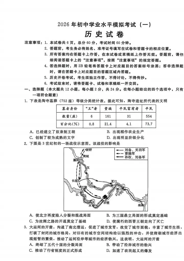 2026年4月邢台+邯郸中考一模历史试卷(含答案后附下载链接) 第1张