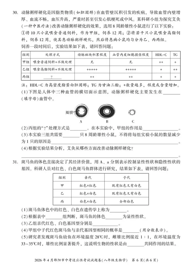 2026年4月邵阳市中考适应性考试试题卷八年级生物学及答案 第3张