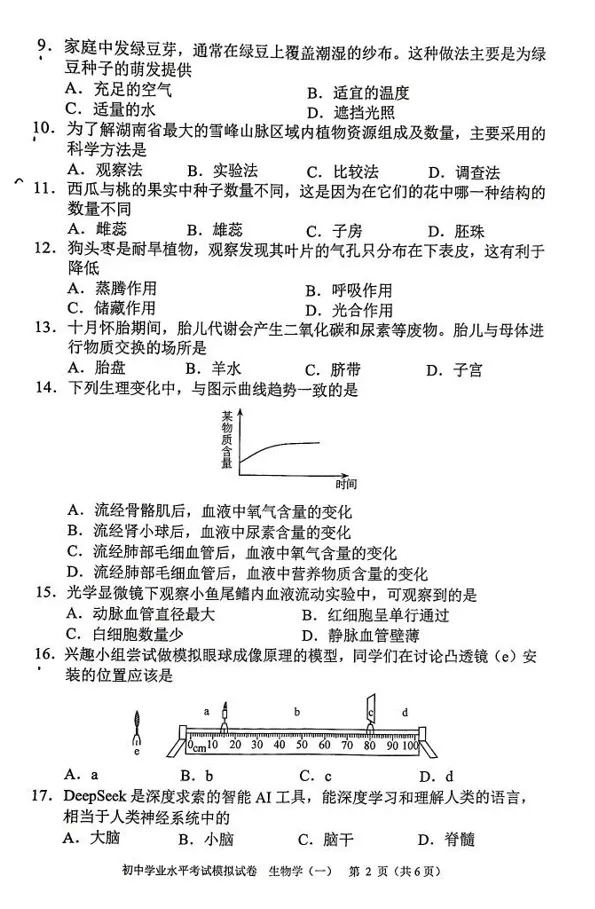 2026年初中学业水平考试模拟试卷生物学(一)及答案 第2张