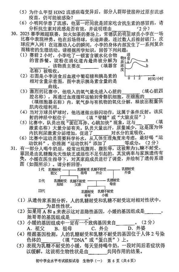 2026年初中学业水平考试模拟试卷生物学(一)及答案 第3张
