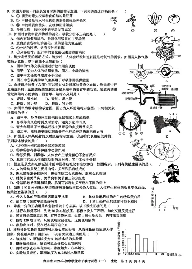湖南省2026年初中学业水平联考试卷(一)生物学及答案 第2张