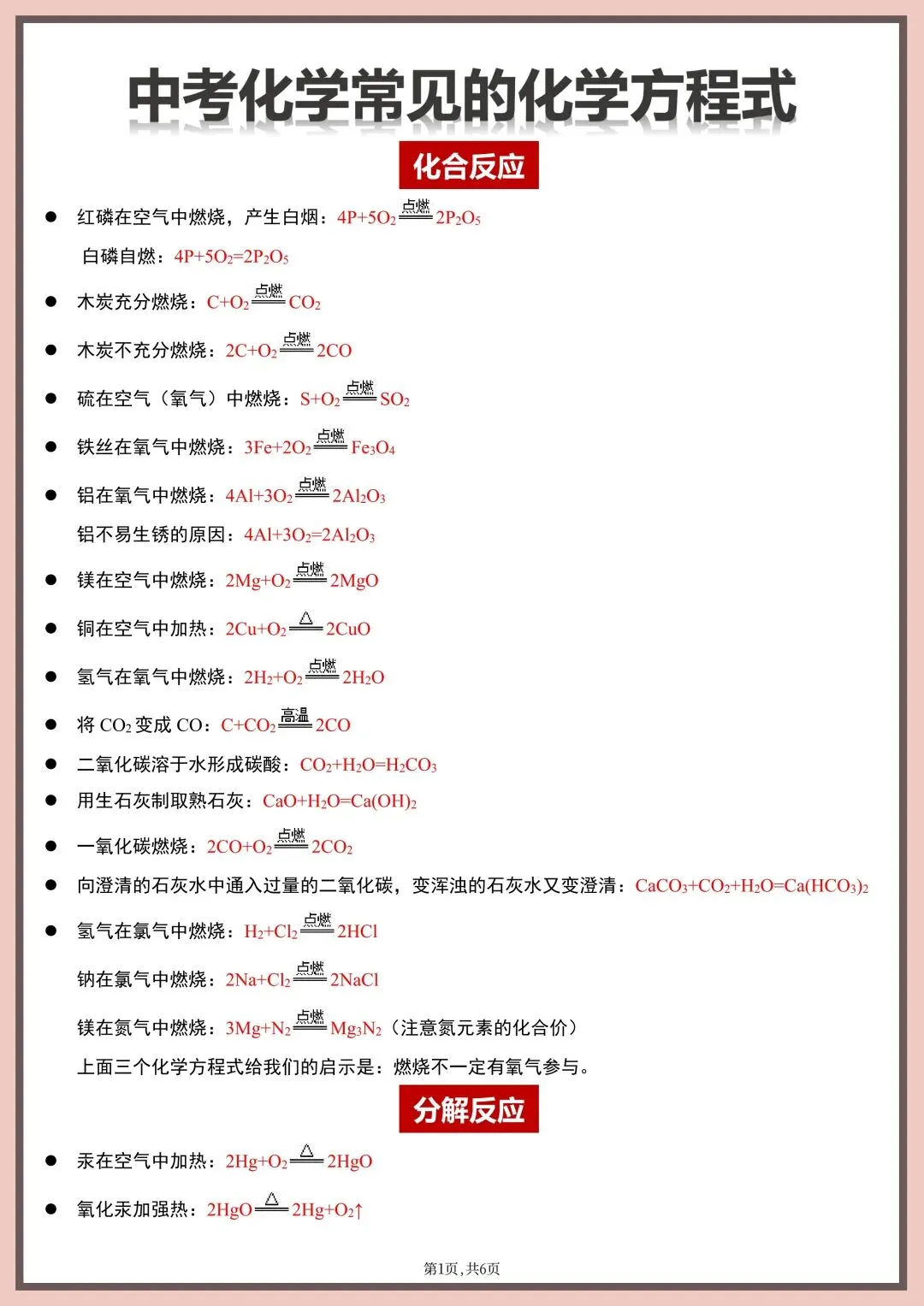 2026年新版【中考化学】常考重点化学方程式总结(背诵版)电子版可打印 第4张