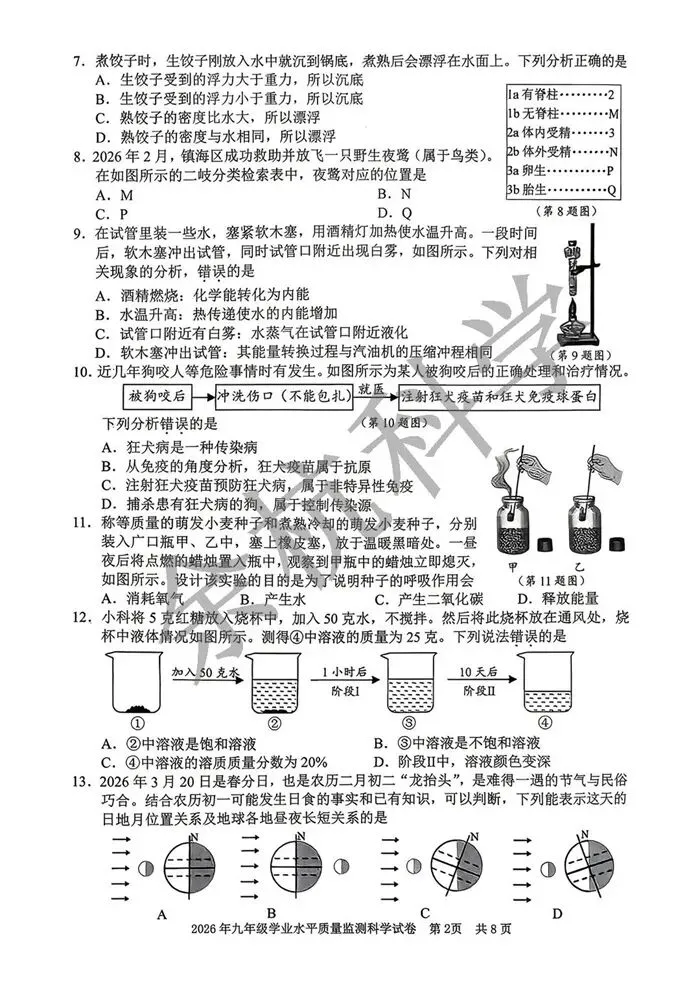 【中考模拟】2026年4月宁波中考一模科学卷(附答案) 第7张
