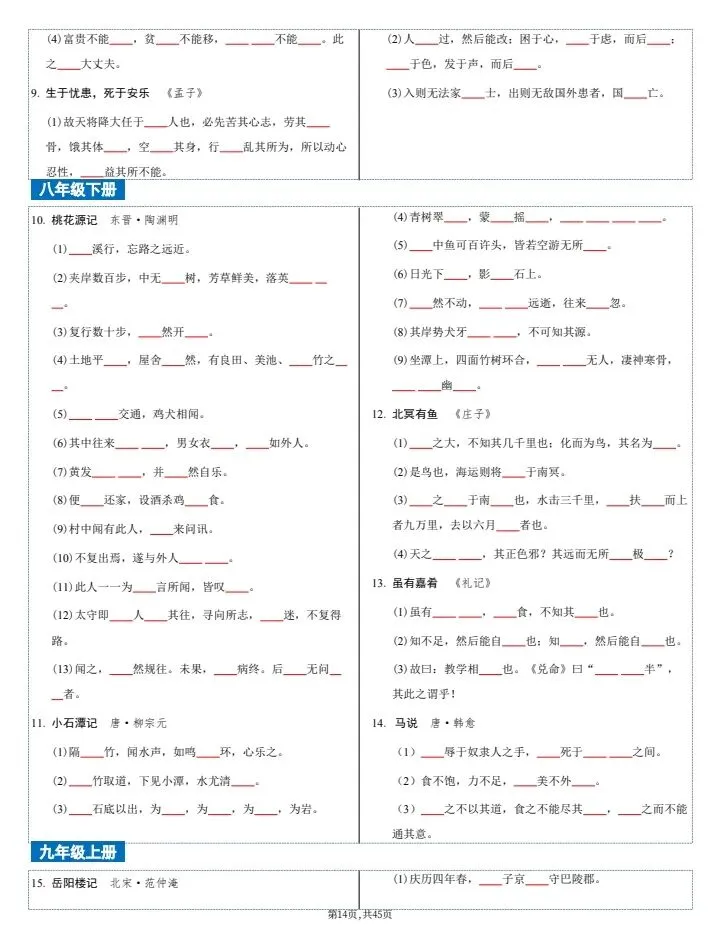 【中考语文】2026年中考语文《古诗文文言文4轮默写集训》7-9年级常考题,完整电子版可打印! 第22张